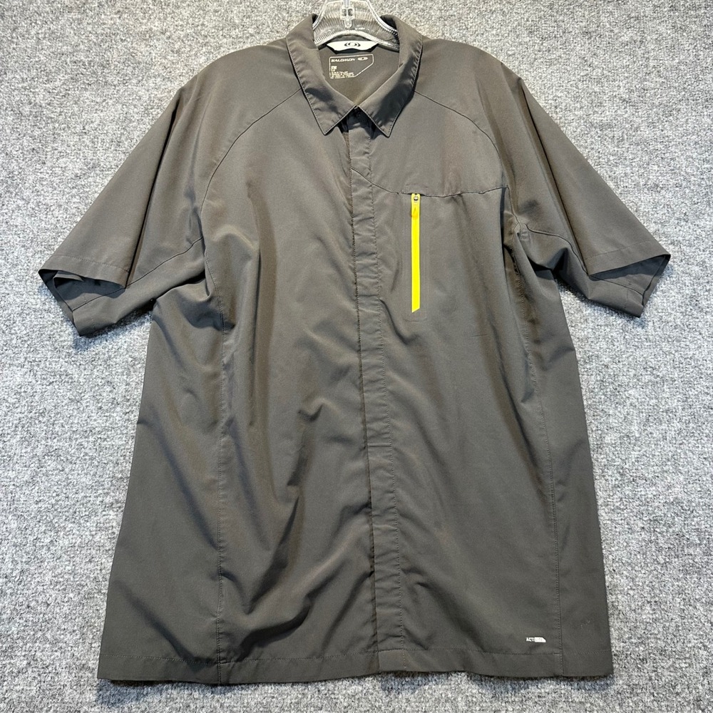 Salomon ActiLite Button Up Shirt Mens L Grey Neon Yellow Gorpcore Hiking Tech